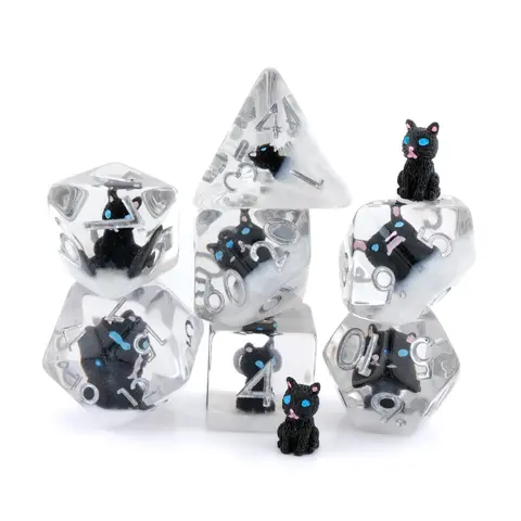 Cat Resin DnD Dice Set: 7 Piece Feline RPG Dice with Cat Motifs for Tabletop Gaming and RPG Players