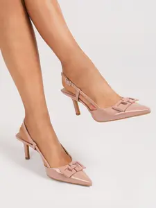 Nude Pink Patent Leather Slingback Heels with Square Buckle | Pointed Toe Stiletto Pumps | Elegant Women's Shoes for Office & Parties | Women's Pointed Toe High Heel Sandals | Pink Square Buckle Pointed Toe Heeled Sandals