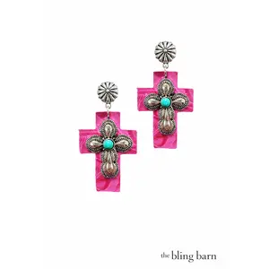The Bling Barn Pink Pony Cross Earrings - Bold Faux Stone & Turquoise Center Stone Western Earrings for Cowgirl Fashion & Rodeo Looks