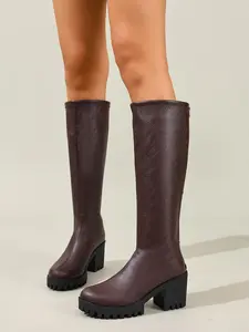 Women's brown leather knee - high platform boots, featuring chunky block heel, comfortable and stylish autumn/winter footwear, versatile casual boots, also suitable as trendy fashion boots for daily wear