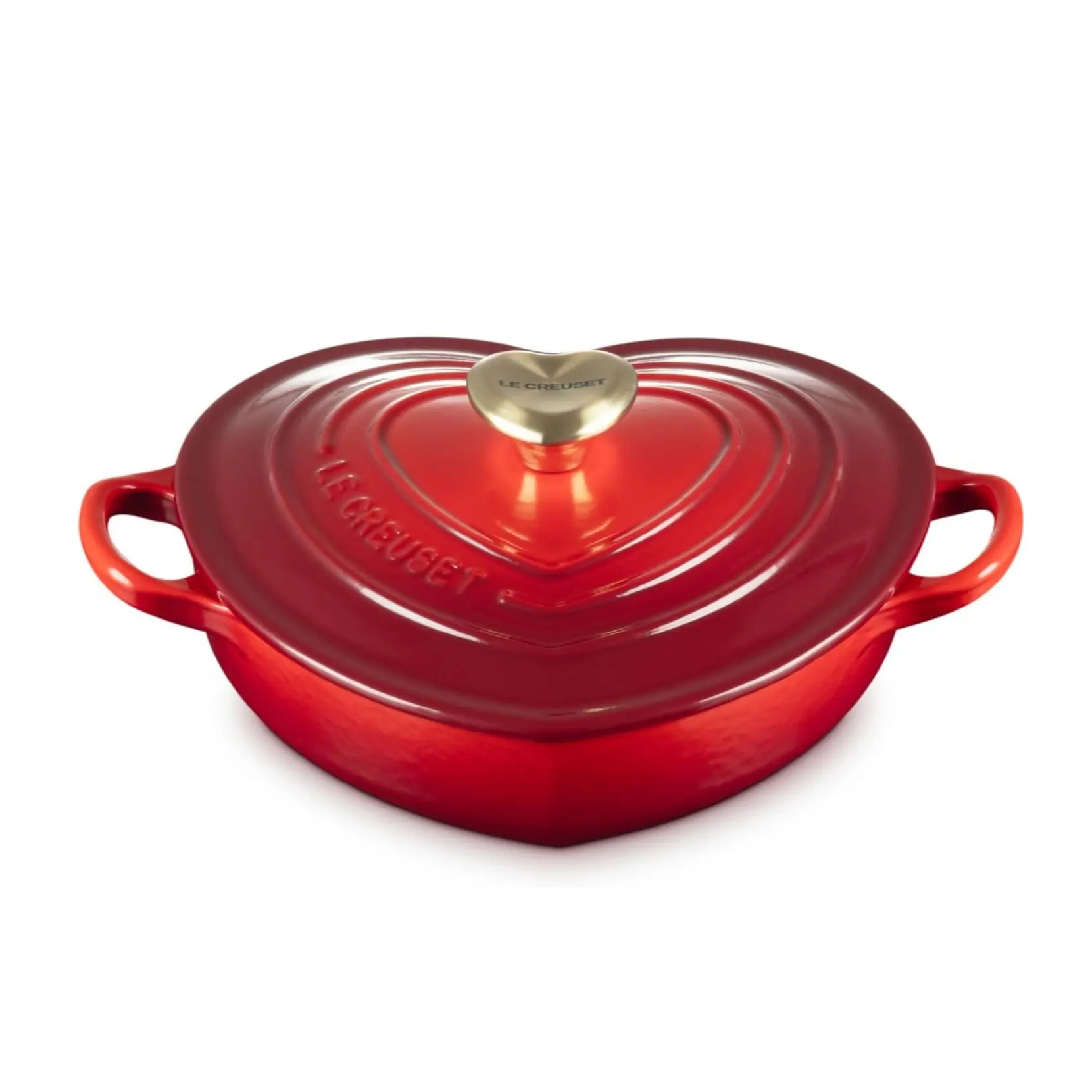 Le Creuset Enameled Cast Iron Traditional Shallow Heart Cocotte, 1.25 Qt., Cerise Light Gold Heart Knob