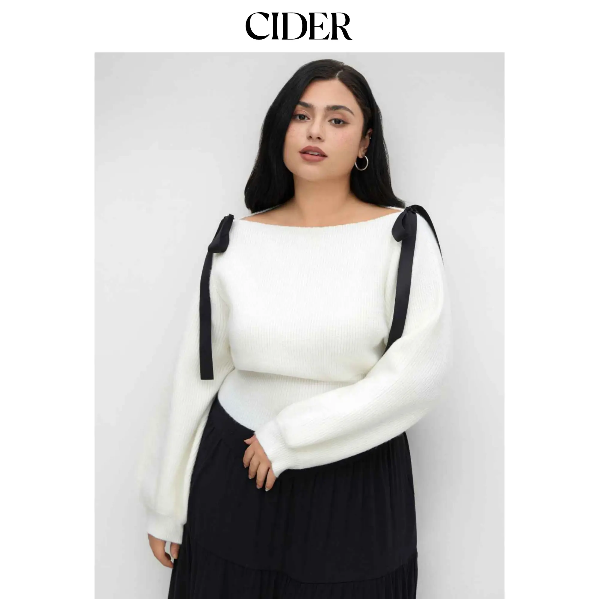 Cider Curve & Plus Size Knit Sweater, Women's Boat Neck Long Sleeve Pullover Top with Bowknot Detail, Knitwear, Tops, Basic, 4Xl, 3Xl, Modern Women's Knitwear, 2Xl - 20, Minimalist