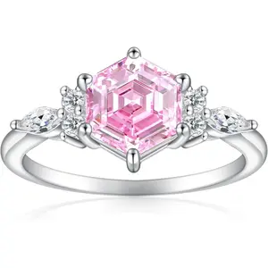 925 Sterling Silver Pink Engagement Ring for Women Heart Gemstone Birthstone Promise Ring for Her Colored Cubic Zirconia Ring princess cut ring halorings