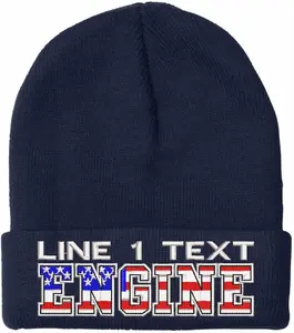 Custom Firefighter Winter Hat USA ENGINE Style Embroidered Cuff Design Navy Blue Beanie Option