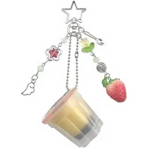 Pudding Cup Keychain with Star Clip, Strawberry Charm, Spoon, Flower, Wing, Spiral Beads, Silver Tone