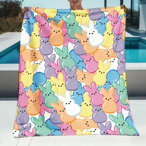 Easter Rabbit Marshmallow Flannel Blanket |     Bohemian Style High-Definition Printed Pastel Bunny Design, Soft Warm Lightweight All Season Throw for Sofa Bedroom Camping Yoga Travel, Cozy Home Decor Gift, Polyester, Machine Washable