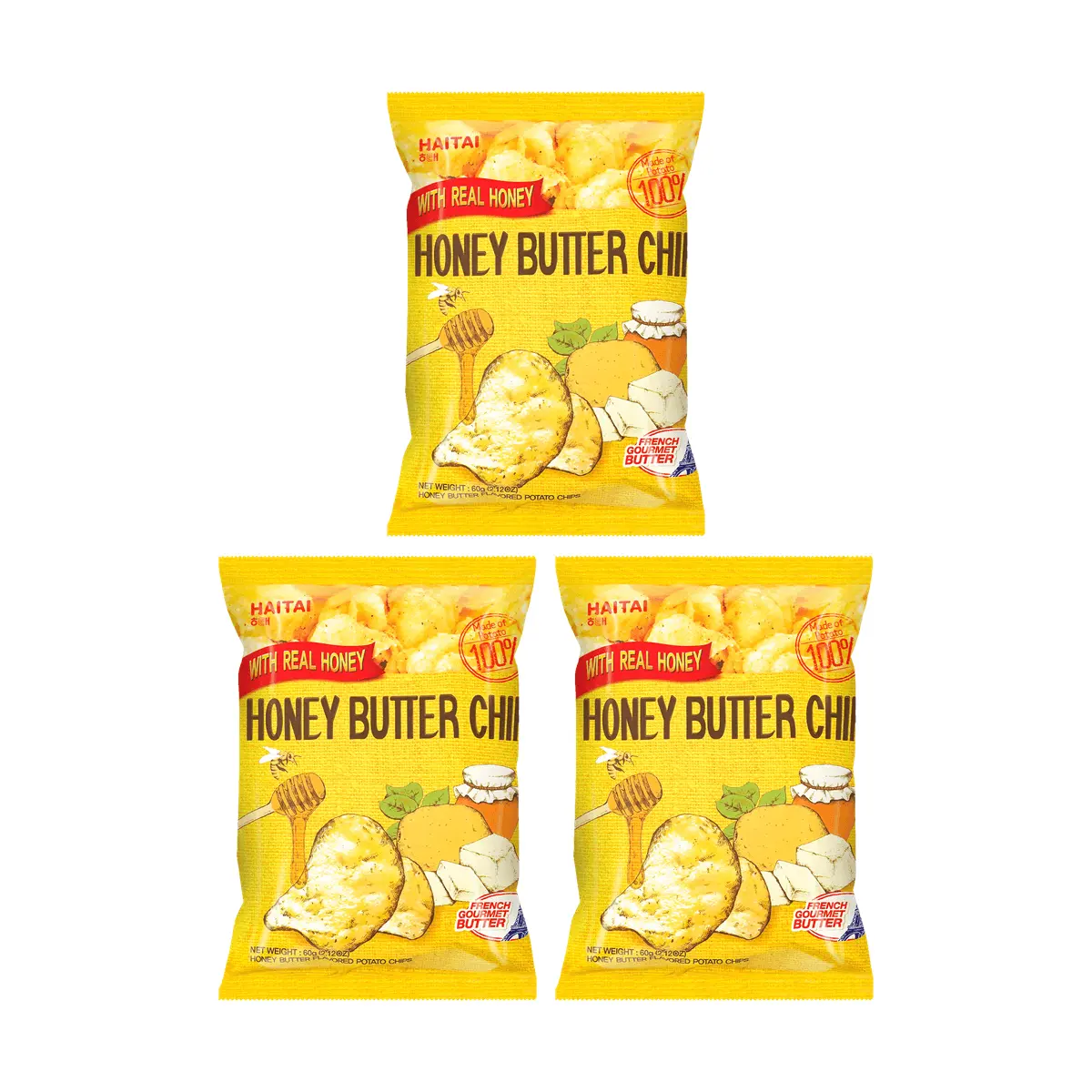 HAITAI Honey Butter Potato Chips 60g (3 Pack) - Authentic Korean Snack, Recommended by