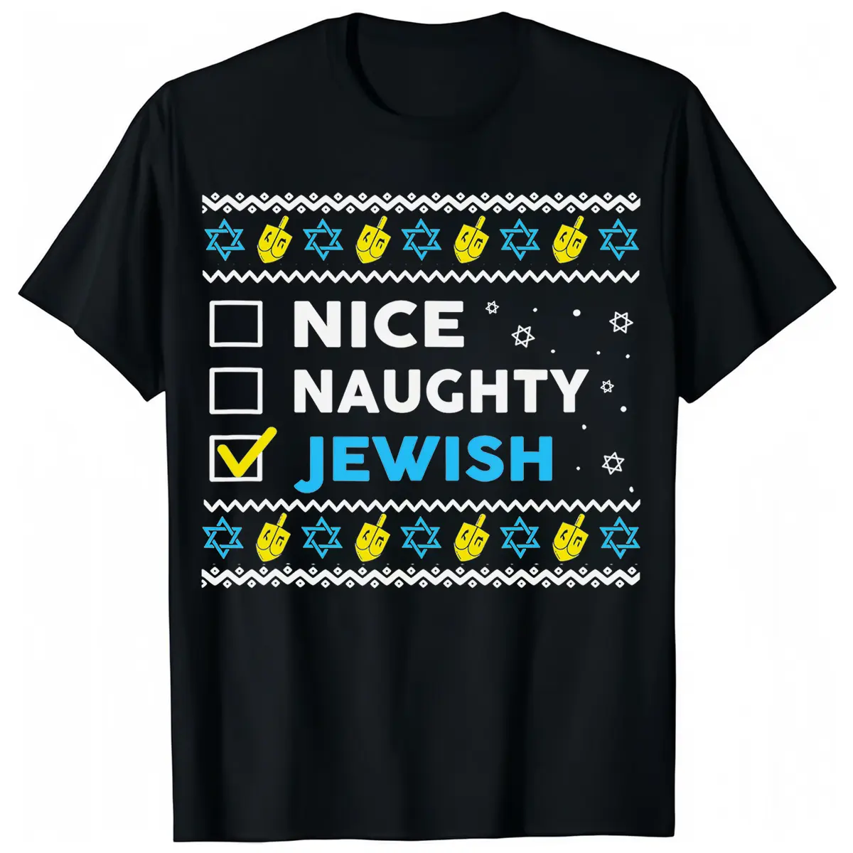 Men's Classic 100% Cotton Casual Short-Sleeve Hanukkah T-Shirt - Nice Naughty Jewish Ugly Design, Jewish Gift, USA-Printed Menswear Top, Jewish Text