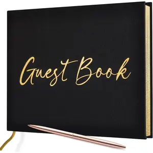 Black Guest Book for Graduation Party Guest Sign in Book with Pen for Reception Wedding Baby Shower Birthday Shower Funeral 100 Pages with Gilded Edges and Gold Foiled Cover 7×10″