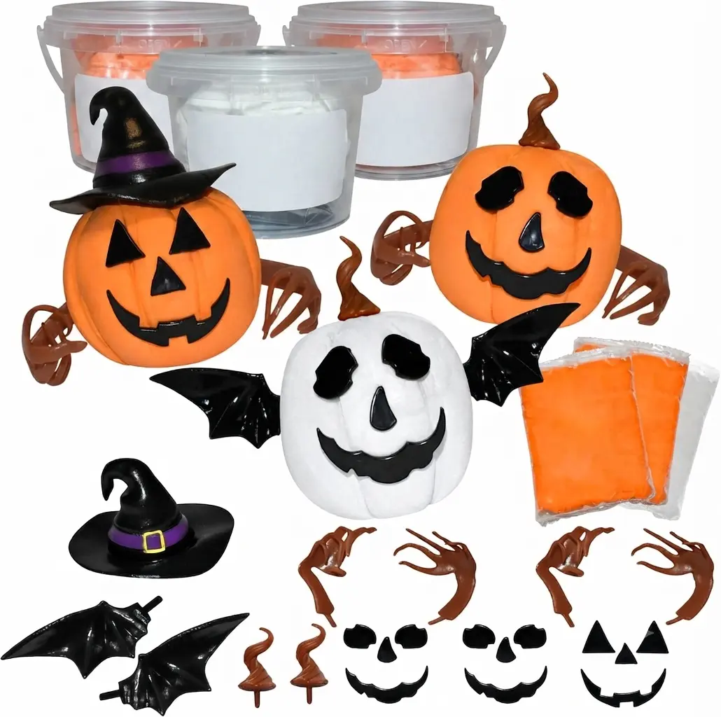 3-Pack DIY Jack-O-Lantern Craft Kit for Kids - Halloween Trick-Or-Treat Party Bucket, Air-Dry Clay, Putty, Accessories Included, Toys & Hobbies Activity