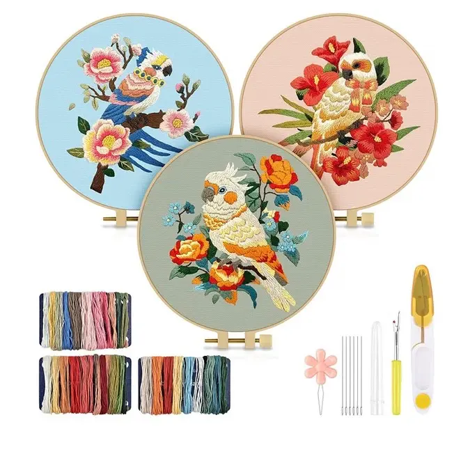 TINDTOP Embroidery Kit for Adult, Parrot Embroidery Stitch Practice kit Include Embroidery Cloth Hoops Threads for Craft Lover Hand Stitch