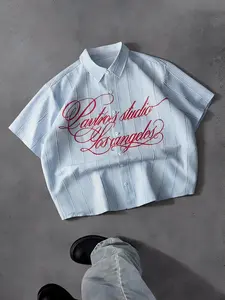 Men's light blue striped button down shirt with "Los Angeles" lettering pattern screen printed clothing, loose off shoulder and cropped hem design, ideal choice for street style, casual outdoor and summer wear, retro and fashion enthusiasts