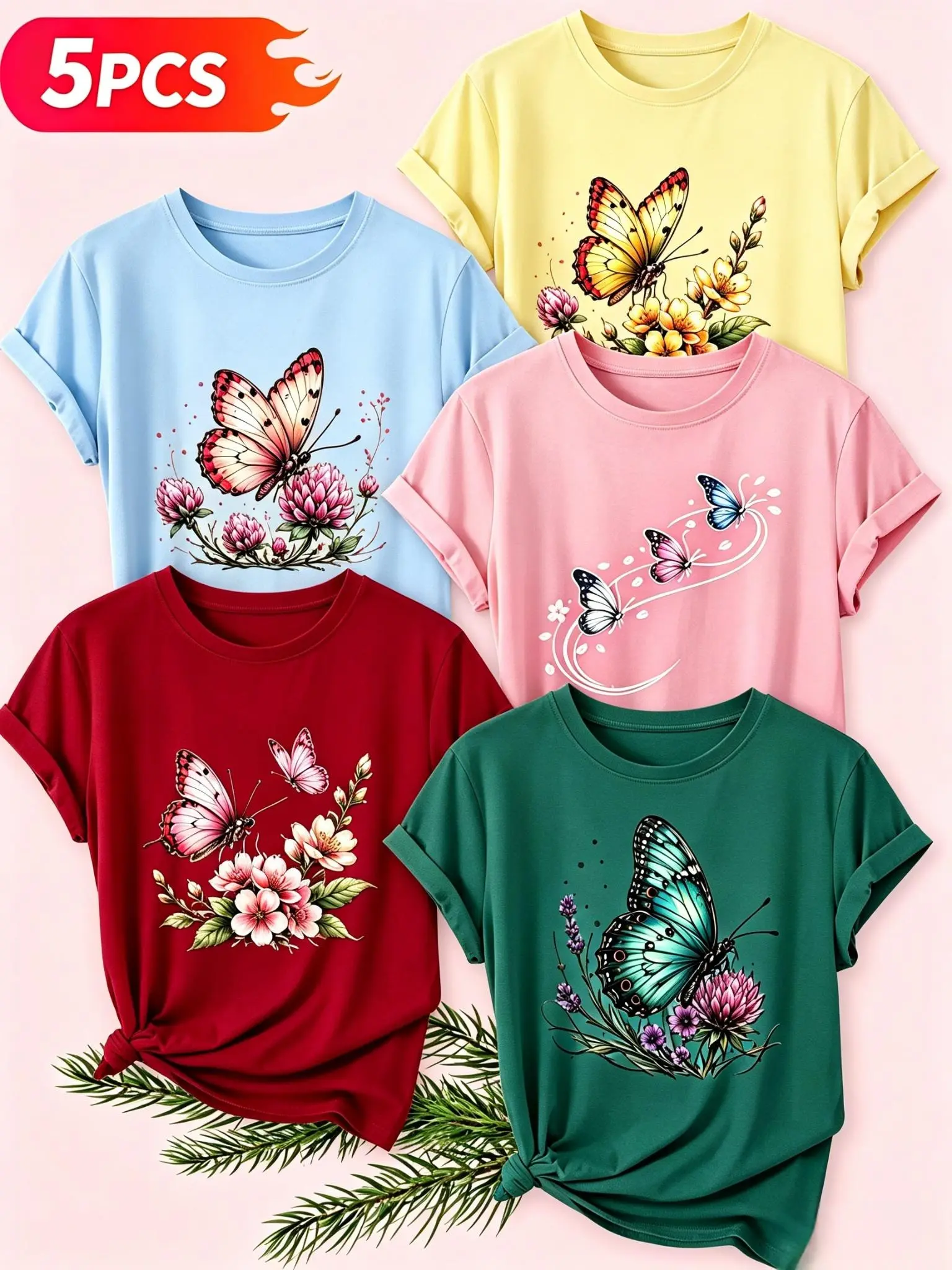 Women's 5-Piece Casual Round Neck Tees, Watercolor Butterflies and Wild Flowers Print, Washable Soft Multi-Color Top for Spring and Summer sohochic