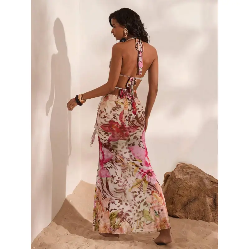 Women's Floral Print Halter Criss-Cross Wrap Sleeveless Dress, Resort Dresses For Women, Sexy Outfits For Women's Floral Print Halter Criss-Cross Wrap Sleeveless Dress, Resort Dresses For Women, Sexy Outfits For
