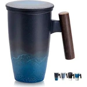 Tomotime Ceramic Tea Cup with Infuser and Lid Tea Mugs Wooden Handle 400ml\/13.5oz Black cyan Drinkware Tumbler