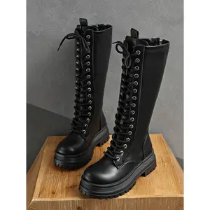 Women’s high-heel biker boots, dark punk style round toe lace-up motorcycle long boots, new fashion height-increasing shoes