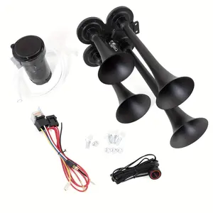 [Super Loud, 4 Trumpet Air Horn]  4 Trumpet Super Loud Air Horn - 12V Car Horn for Truck with Compressor - Matte Black Silvery Red