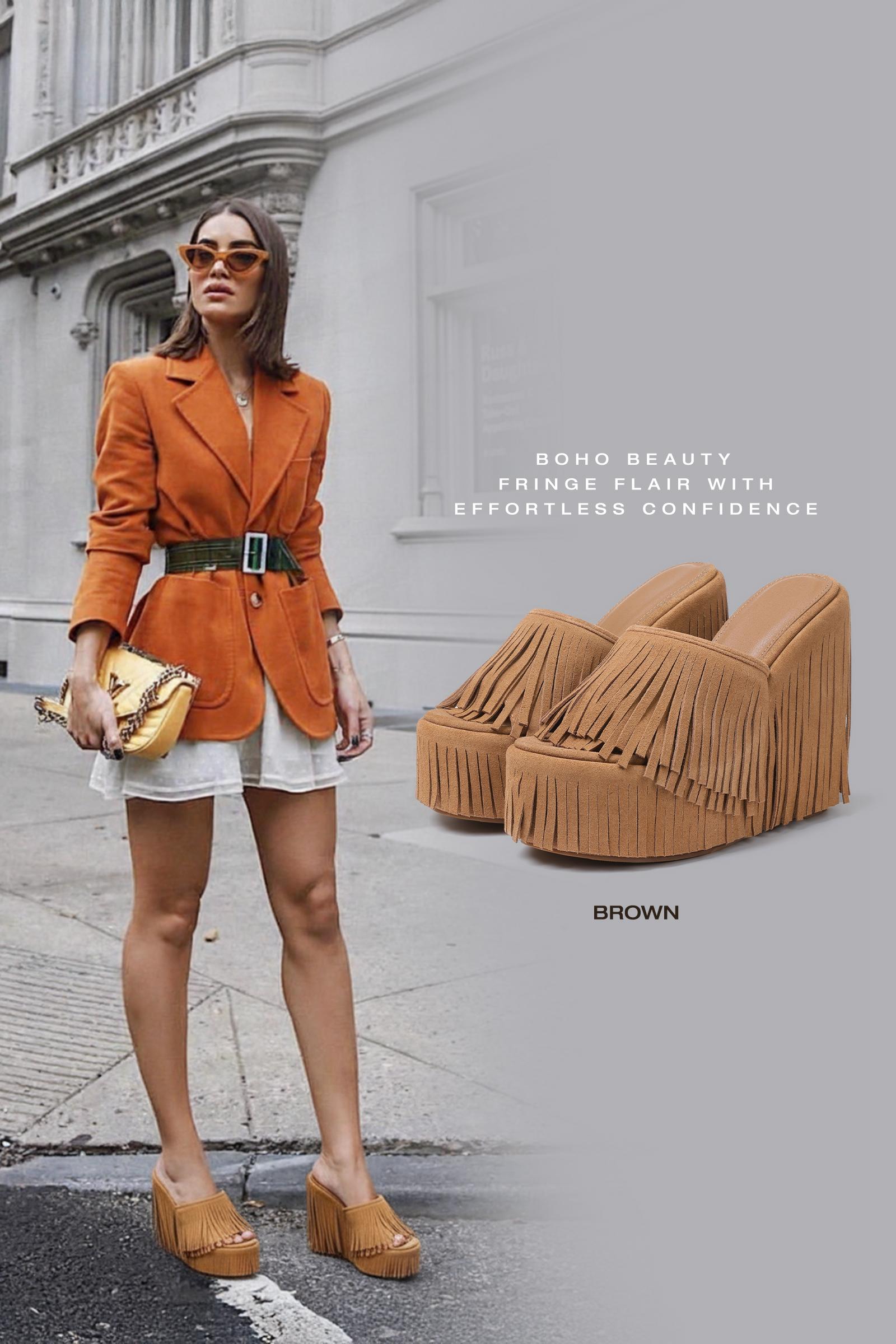 CYNLLIO Womens Fringed Boho Cowboy Style Platform Sandals Open Round Toe Tassel High Heels Slip On Wedge Heeled Suede Slides for Outings Evening Party Spring Dress Sandals Shoes