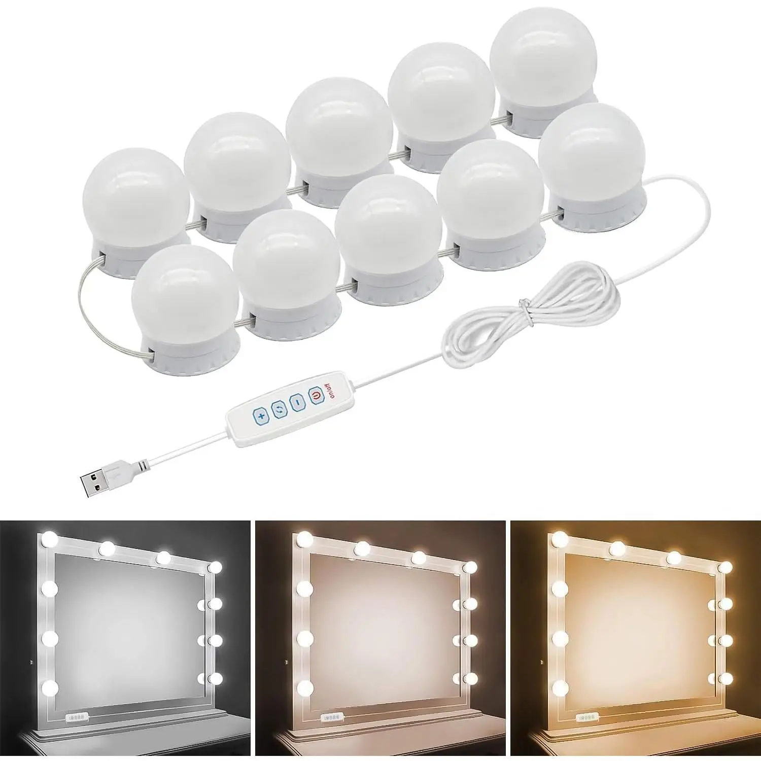 LED Vanity Lights for Mirror, Hollywood Style Vanity Lights with 10 Dimmable Bulbs, Adjustable Color & Brightness, USB , Mirror Lights Stick on for Makeup Table Dressing Room