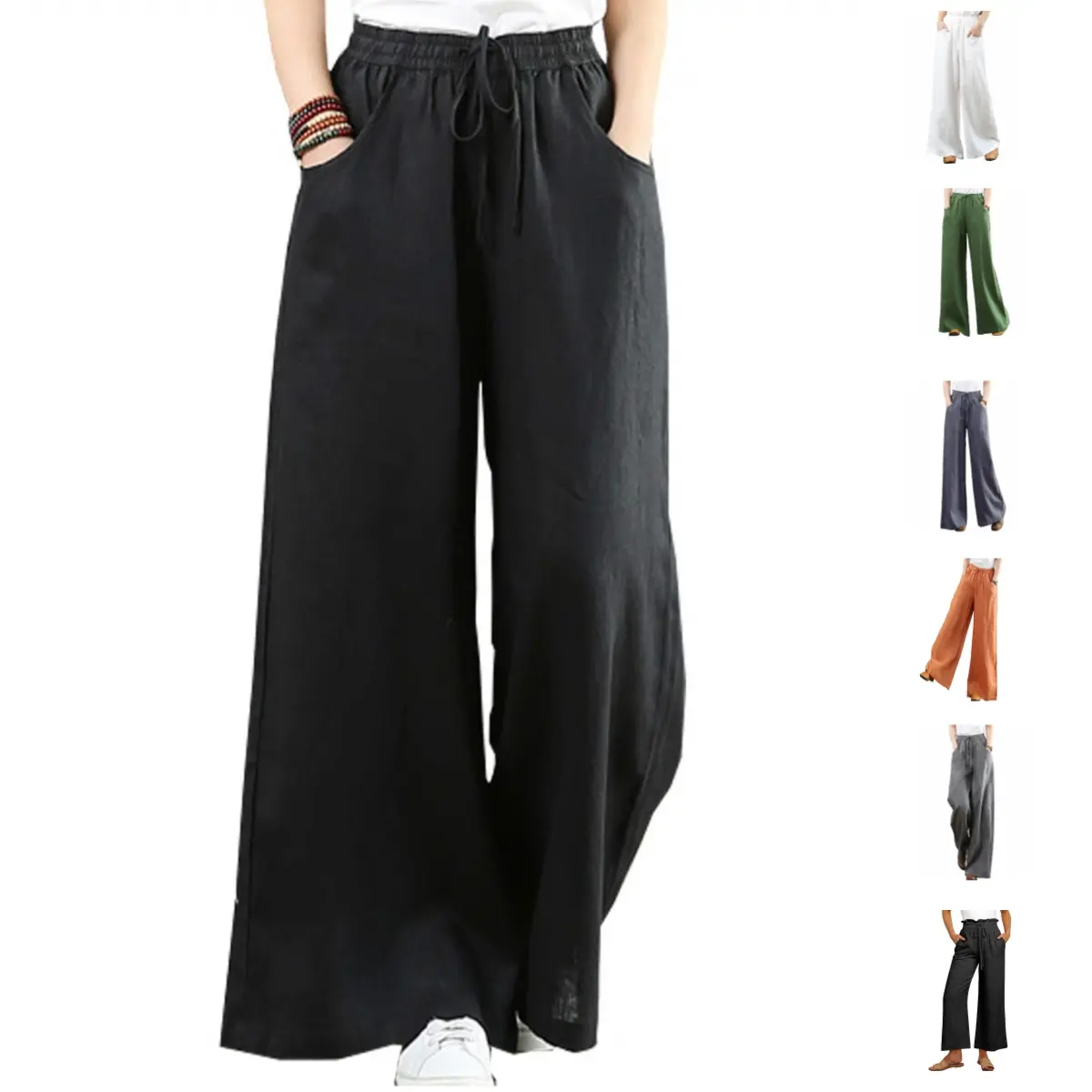 Tanming Women's Minimalist Spring-Summer Wide-Leg Pants, Cotton-Linen Breathable Fabric, Loose Plus-Size Bottoms