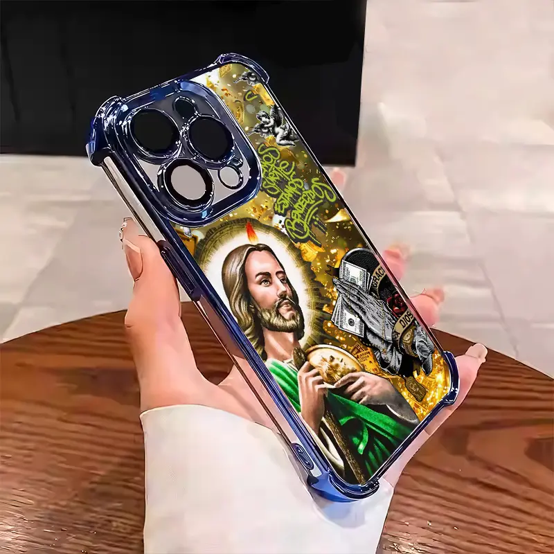 San Judas Tadeo design Cupid angel doodle pattern Suitable for Aesthetic Electroplated TPU Casing For iphone 17 16 15 14 13 12 11 PRO PLUS MAX Samsung S26 Four Corners Anti-Fall Transparent Casual Soft Silicone Phone Cases  L1789