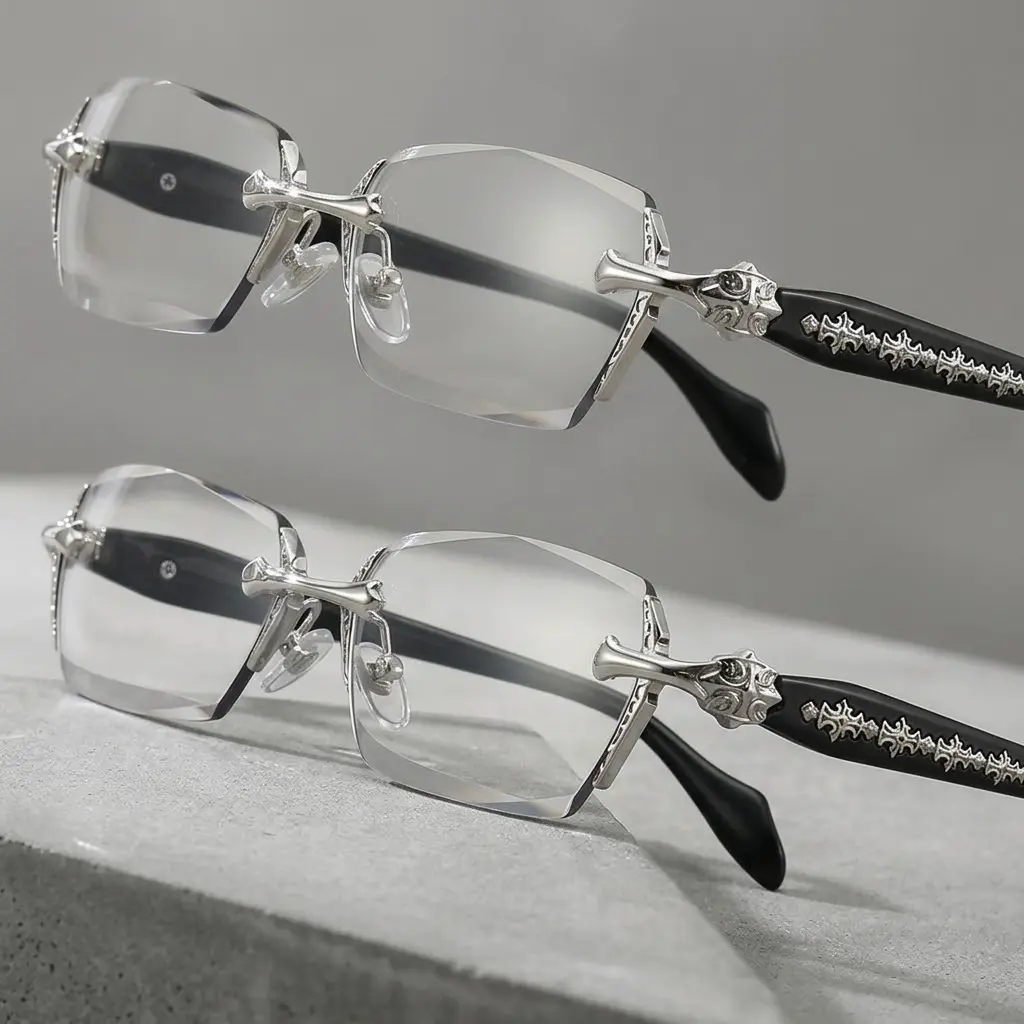 EUNOIALENS Rimless Non-Prescription Rectangular Eyeglass - High-Quality Diamond Cut Edges Daily Eyeglasses, Stainless Steel Fashion Temples, Unisex Decoration Eyewear, Father's Day Gift