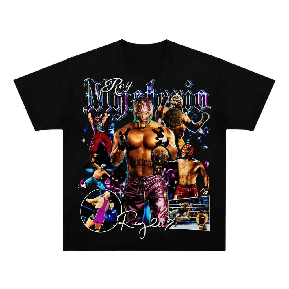 Rey Mysterio Lucha Libre WWE Graphic Tee, Vintage Masked Wrestler T-Shirt, Champion Belt Wrestling Fan Merch, Heavyweight Cotton Oversized Streetwear, Retro Fight Night Gift Tee Menswear Top