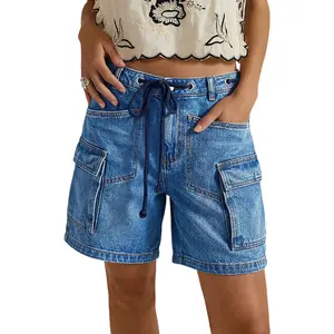 Flamingals Wash Flap Pocket Drawstring High Rise Mid Thigh Denim Shorts Stretchy 7.5'' Inseam
