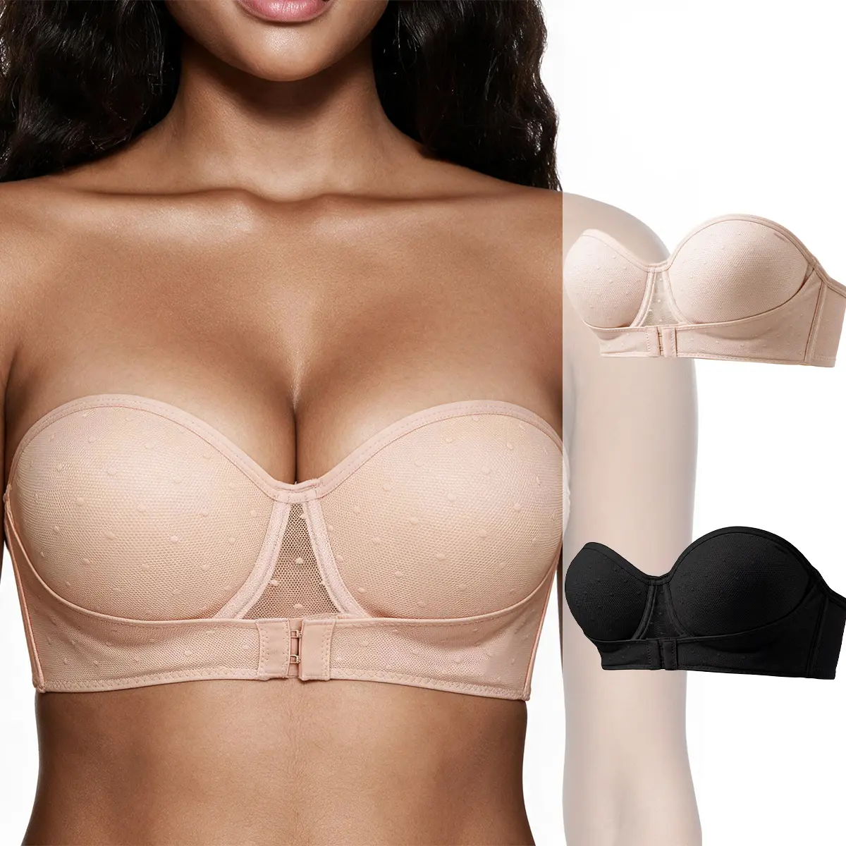 TryWish 2PCS Women's Strapless Bandeau Bra Sexy Lace Push Up Dating Bra Supportive Comfortable