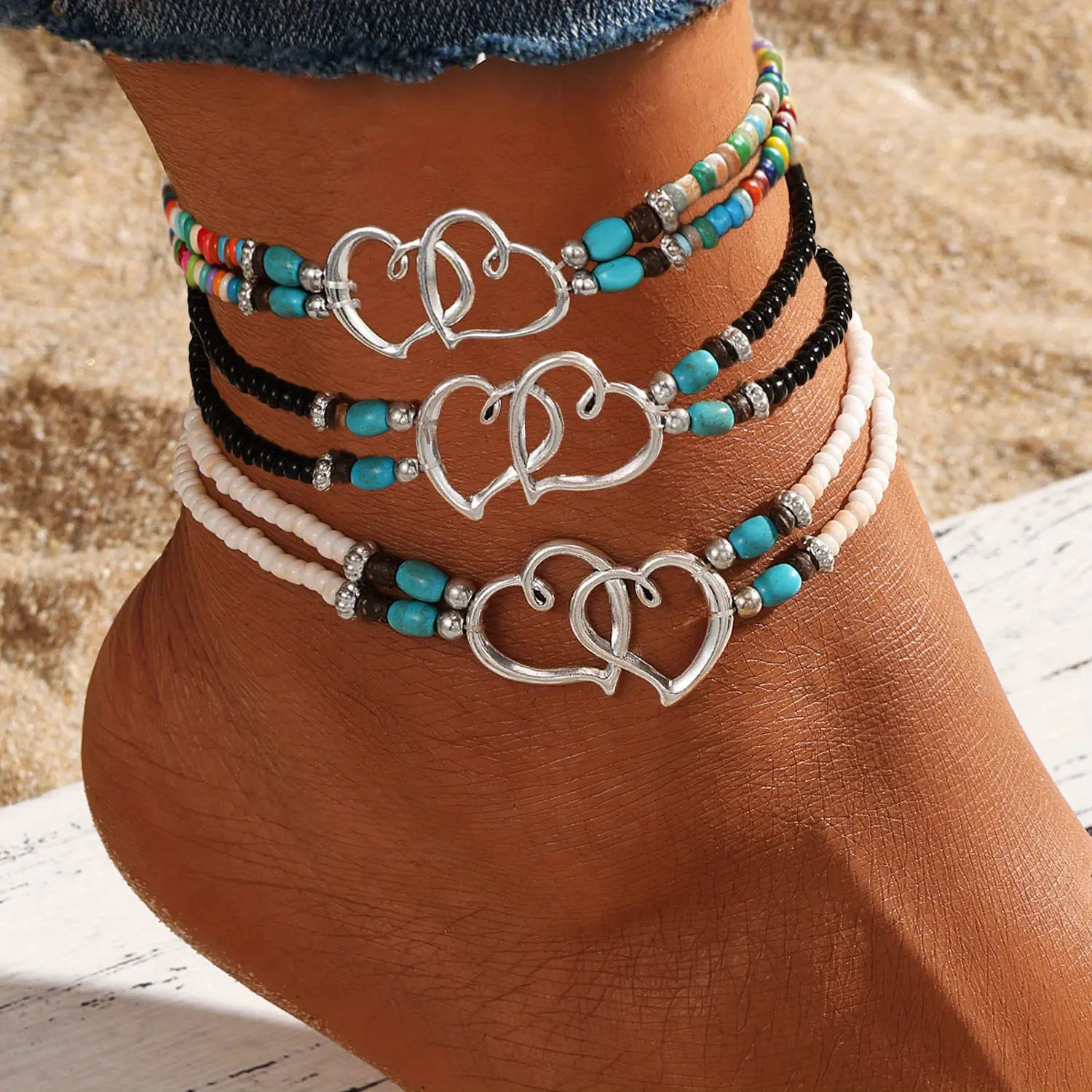 Women's Anklets, 3-Pcs Boho Chic Double Layer Beaded Anklet with Heart Charms, Handcrafted Beach-Friendly Sports & Outdoor Accessory, Anklets For Women