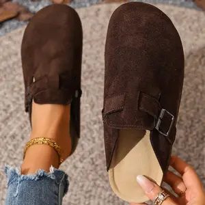 Women's Retro Suede Mules Slippers Comfort Cork Footbed Slip-On Clogs Sandals with Buckle Detail Indoor Outdoor Shoes Springfresh Platform Footwear