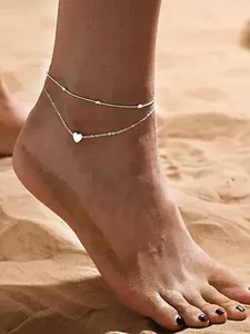 Women's Heart-Shaped Silver Color Anklet, Multi-Layer Beaded Foot Jewelry, Casual Summer Beach Anklet, Stainless Steel Material