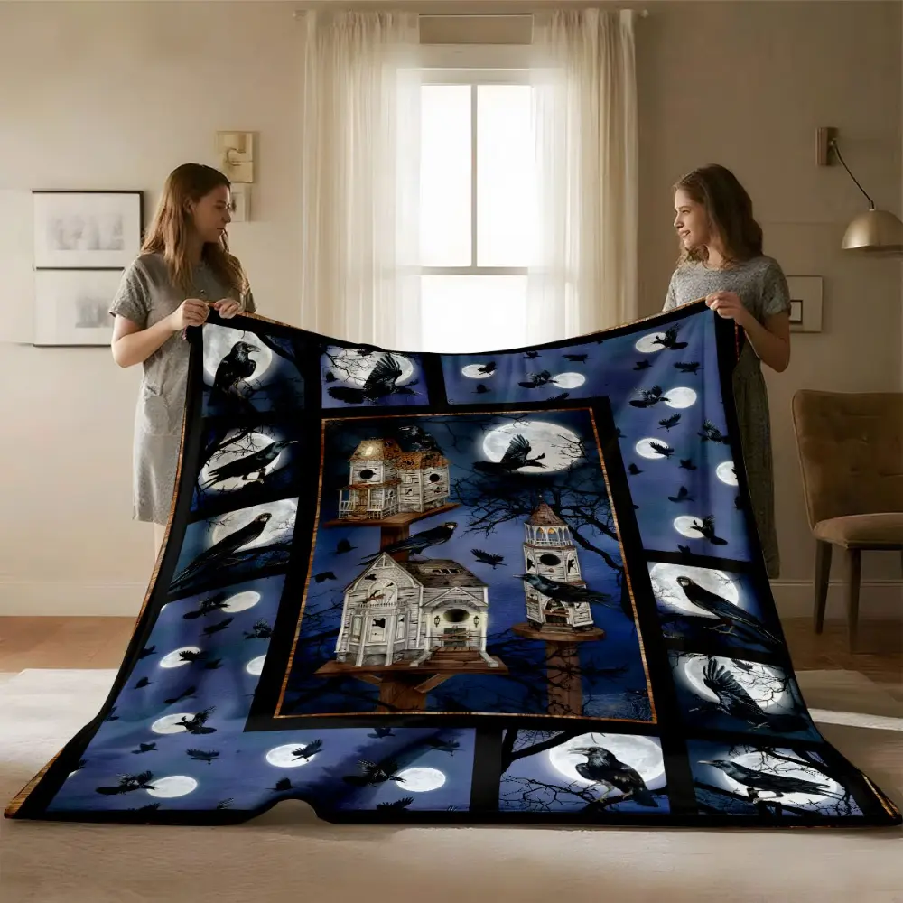 Gothic Raven Blanket, Dark Academia Throw Blanket with Moon and Crow Design, Witchy Aesthetic Fleece Blanket for Couch Sofa Bed, Halloween Home Decor, Spooky Gothic Room Decoration, Cozy Gift for Raven Lovers
