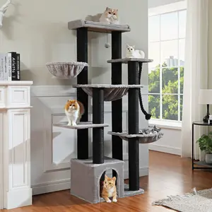 PAWZ Road 67-Inch Large Cat Tower Tree for Indoor Cats Adult with 7 Thick Black Scratching Posts (φ4.3), Multi-Level Condo, Big Perch & Hammocks -Black/Gray/Beige