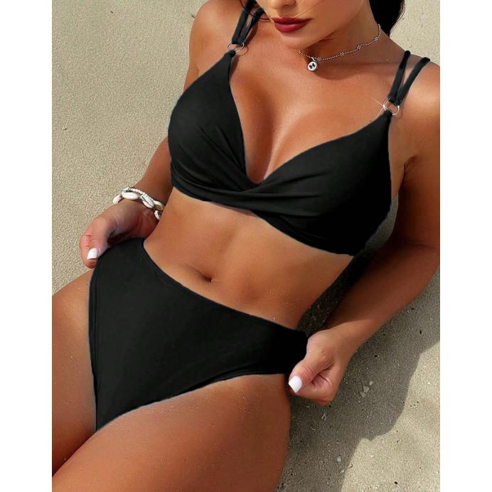 ZAFUL Sexy Solid Color Twist High Waist Swimsuit Spaghetti Straps Women's Bikini Swimsuit cute tankini women's 2 piece sets fashion nova outfits