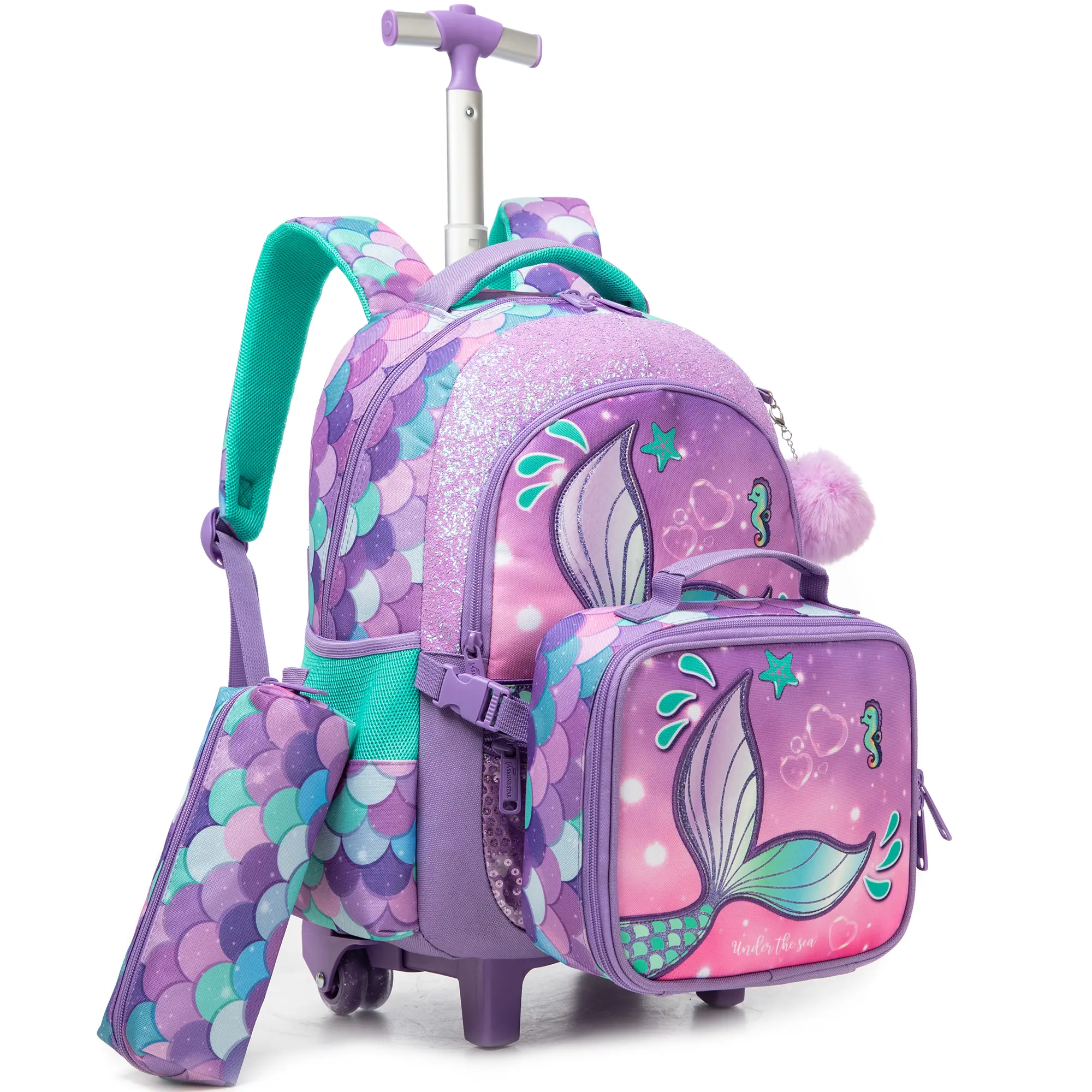 Purple Glitter Mermaid Tail Rolling Backpack 3PCS Set - Wheeled School Bag, Insulated Lunch Box & Scale Print Pencil Case | Under The Sea Kids Travel Kit