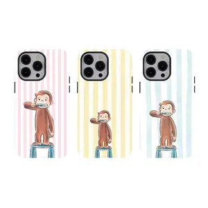 [No magnetic]  Curious George monkey Brushing Teeth Phone Case,Pastel Stripe Print Dual-Layer design durable phone Cover,for iPhone 17 16 15 14 13 12 11 8 7 for Samsung Series,Shockproof Protective hard Cover,perfect gift for her