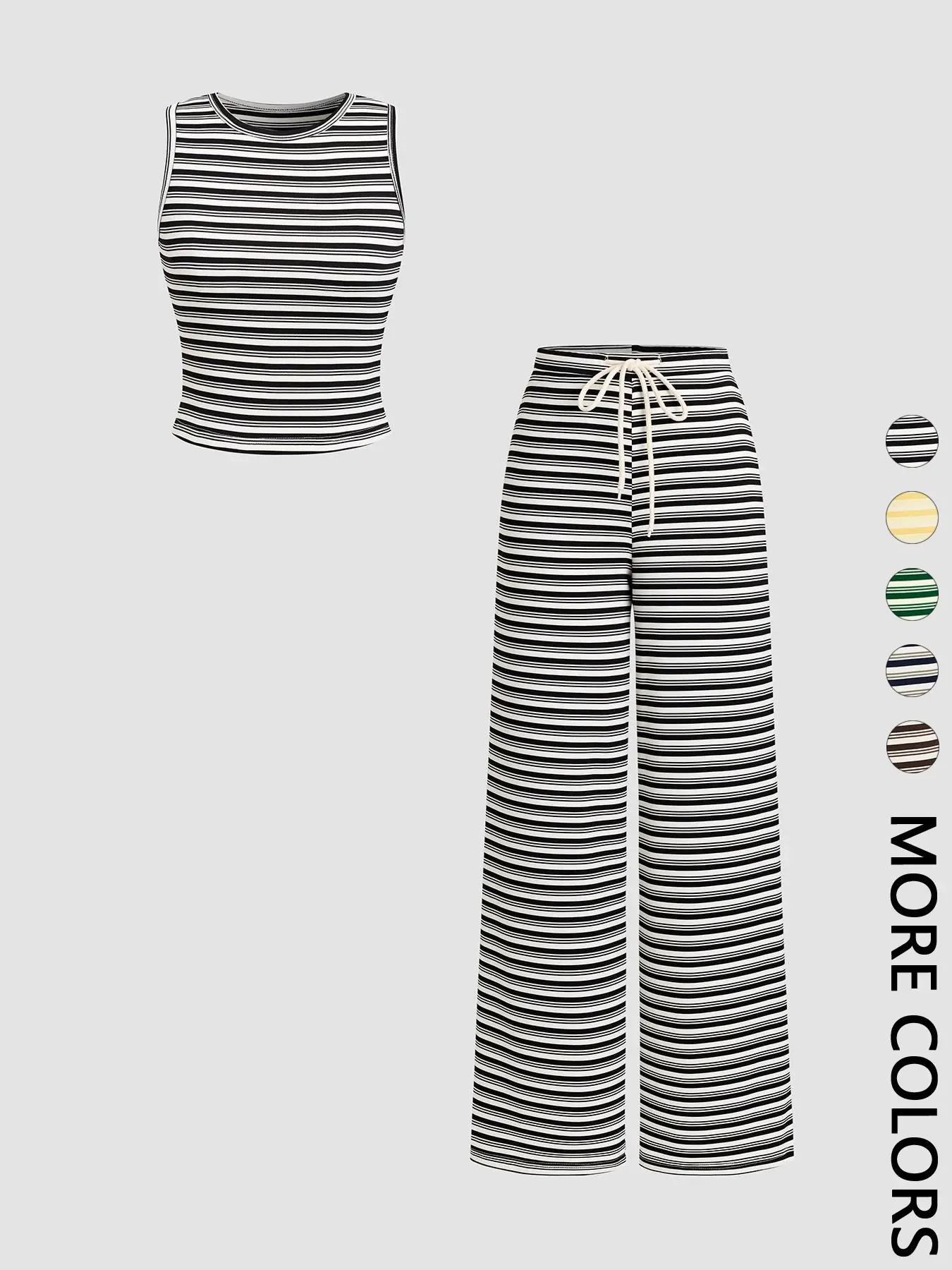 Women's Striped Co-ord Set, Casual Crew Neck Sleeveless Crop Tank Top & Elastic Drawstring Waist Wide-Leg Pants, Multiple Color Options, Soft Stretchy Breathable Ribbed Knit Fabric, Loungewear, Vintage Two-Piece Set for Vacation & Daily Wear, Clothes