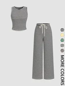 Women's Striped Knit Co-ord Set, Crew Neck Sleeveless Crop Tank Top, Elastic Drawstring Waist Wide Leg Pants, Multiple Color Options, Soft Stretchy Breathable Ribbed Knit Fabric, Casual Daily, Vacation & Loungewear, Vintage Relaxed Casual Style & 2 Piece