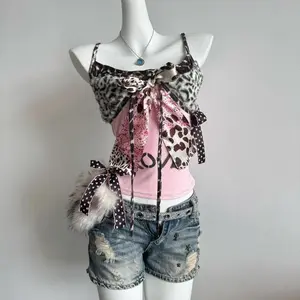 TOP American Harajuku Hottie Camisole Subculture Leopard Patchwork Bow Halter Vest Y2K Aesthetic Letter Print Tanks Women's Slim Top COOL Womenswear Pink Short Sleeveless Spaghetti Strap Basic Minimalist