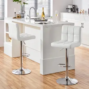 Set of 2 Counter Height Bar Stools – Adjustable Height, PU Leather Square Seat Cushion with Backrest, Swivel Bar Stools for Kitchen, Bar, or Dining,White
