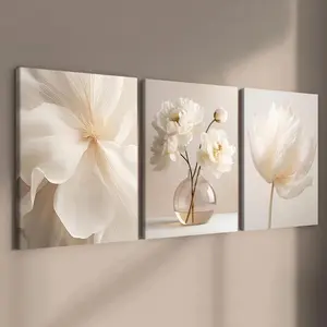 Frameless Canvas Flower Pattern 3 Counts Wooden Framed Modern Minimalist Wall Decor for Home Living Room Bedroom Office Artistic Ornaments Floral Print High Definition Water-Resistant Artwork Set