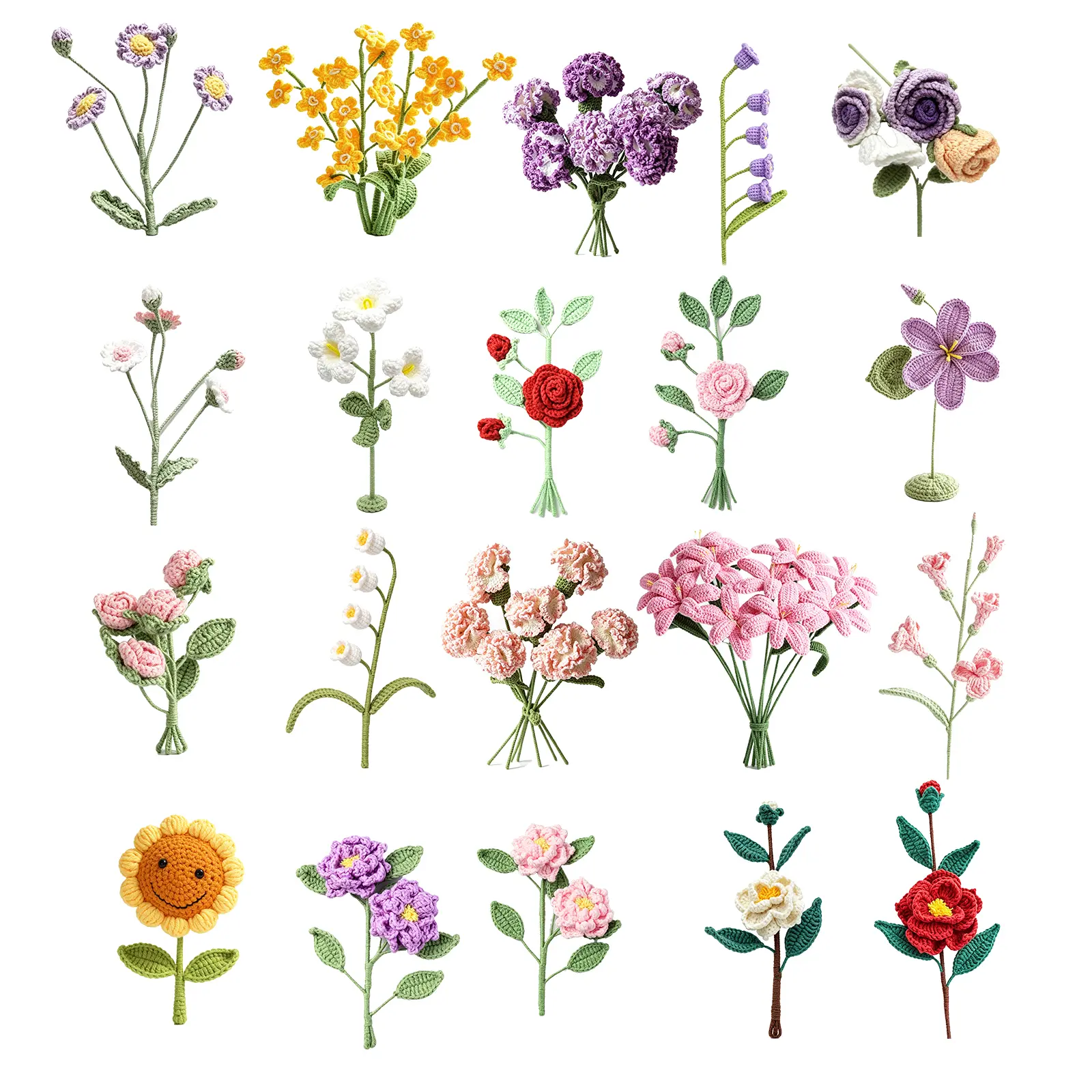20Pcs Cute Hand Crochet Knitted Flowers, Multi-Style Artificial Wool Flower Stems, Roses,Tulip,Eternal Floral Decor for Home Office Wedding, Romantic Gift for Girls & Ladies