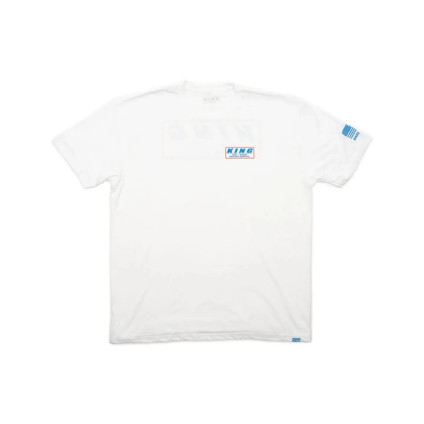 KING SHOCKS WHITE CREW TEE W/ RED & BLUE LOGO
