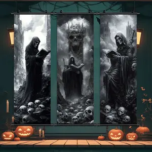 3 Counts Halloween Hanging Banner, Grim Reaper Skulls And Ruins, Halloween Mural And Decorative Posters, Fun Party Decorations, Creepy Horror Themes, Living Room, Bedroom, Home Posters, High Definition, Waterproof, Ideal Gifts