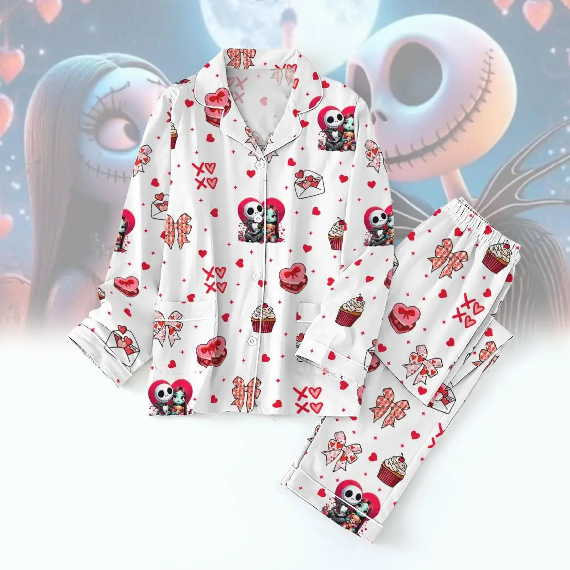 Skellington And Sally Valentines Pajamas Set, Her Jack His Sally Couple Pajamas Pants,Character Loungewear, Horror Movie Pajama