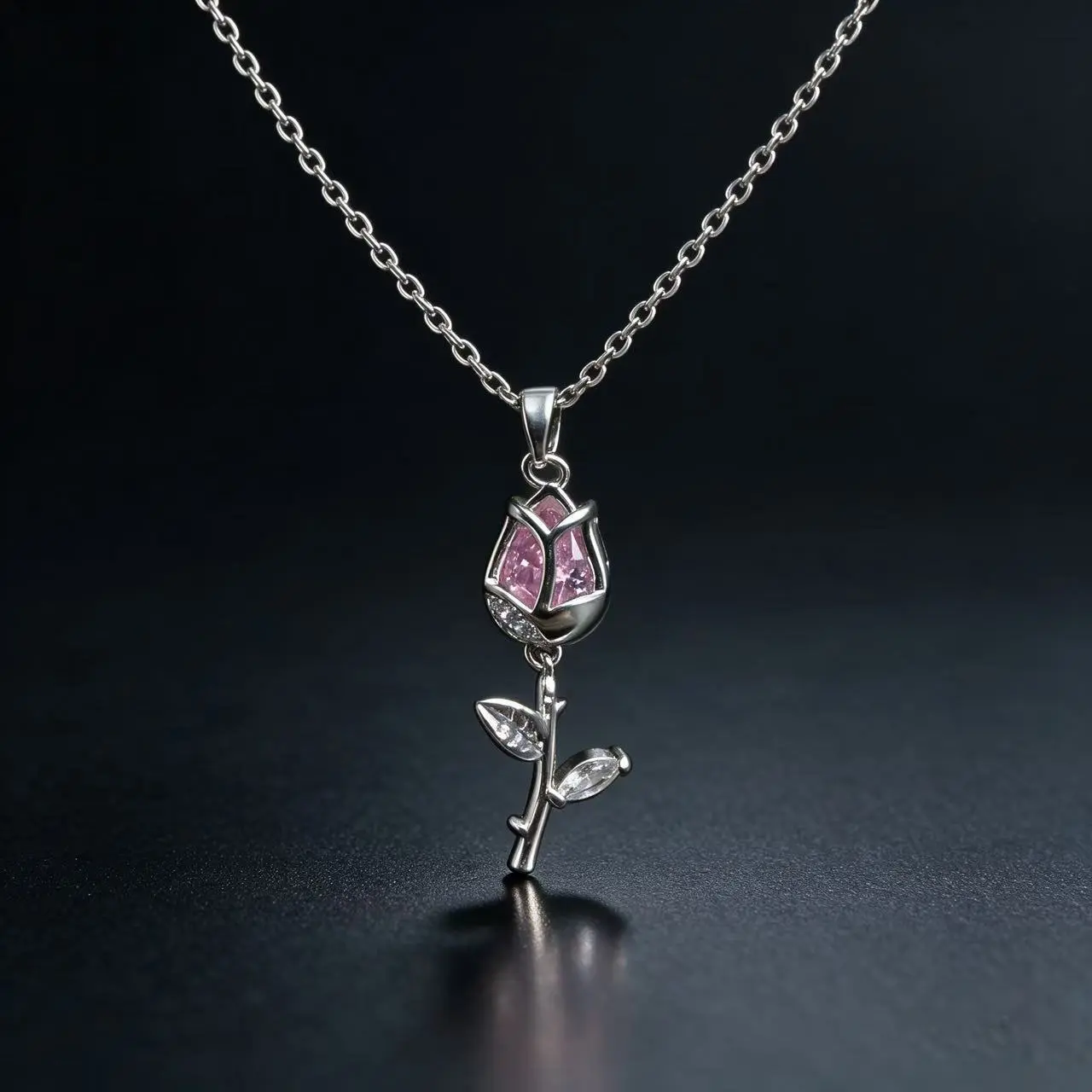 #JY Dainty Pink Crystal Rose Tulip Pendant Silver Necklace, Aesthetic Romantic Flower Jewelry Gift For Girlfriend Women, Must-Have Daily Collarbone Chain For Date Wedding Party Outfit Matching｜
