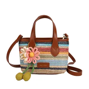 Rainbow woven flower handbag 2026 new vacation crossbody versatile woven bag