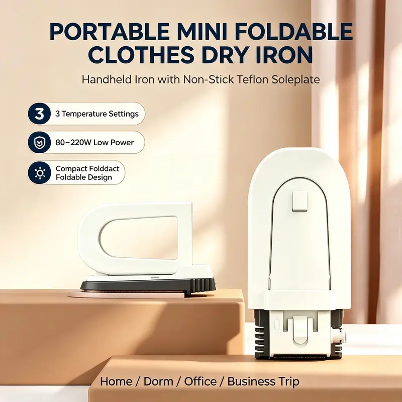 Portable Mini Foldable Clothes Dry Iron, 3 Temperature Settings Handheld Iron with Non-Stick Teflon Soleplate, 80-220W Low Power Compact Travel Iron for Home Dorm Office Business Trip