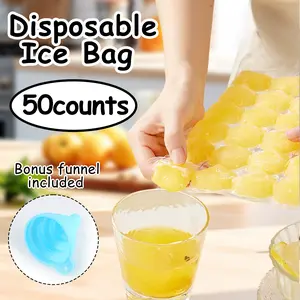 50 Counts Disposable Ice Cube Bags with Funnels, Ice Cube Mold Trays, Self-Seal Freezing Maker, Stackable Easy Release Cooler Bag for Food Drink